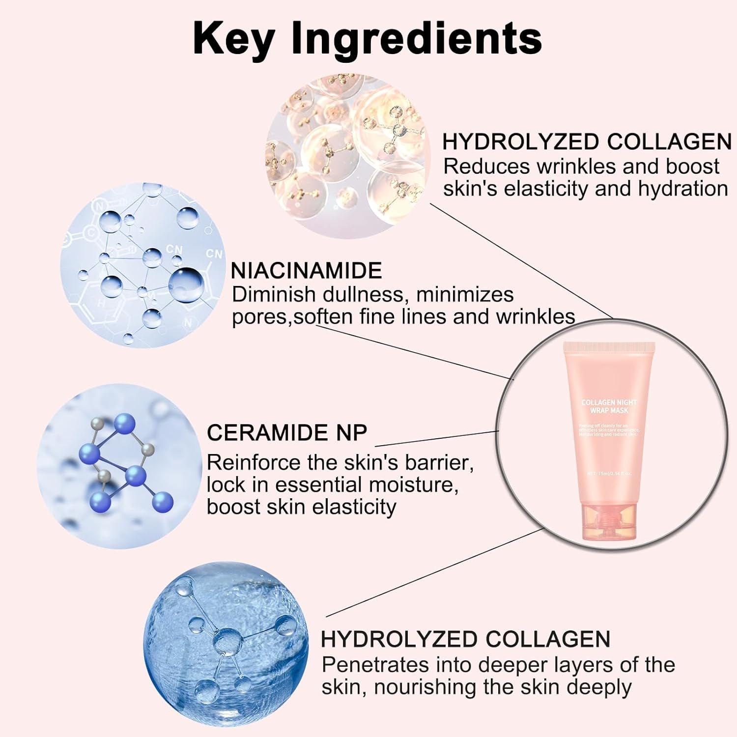 Collagen Night Wrapping Mask Peel-Off Overnight Collagen Face Mask - Deeply Hydrates & Firming & Glowy - Reduce Sagging & Wrinkle for Glowing Skin 2.54 Fl.Oz with Mask Applicator